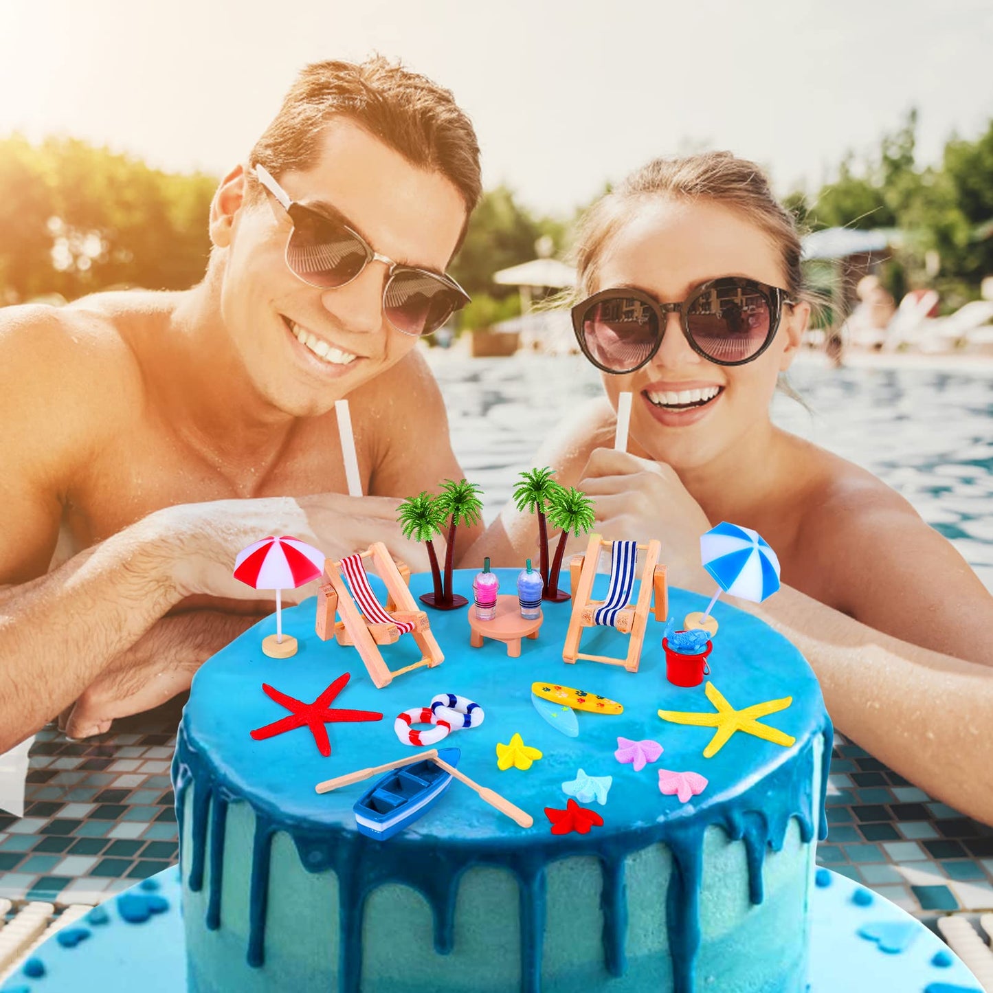 Beach Chair Umbrella Cake Decoration, 24 Pieces Palm Tree Summer Ocean