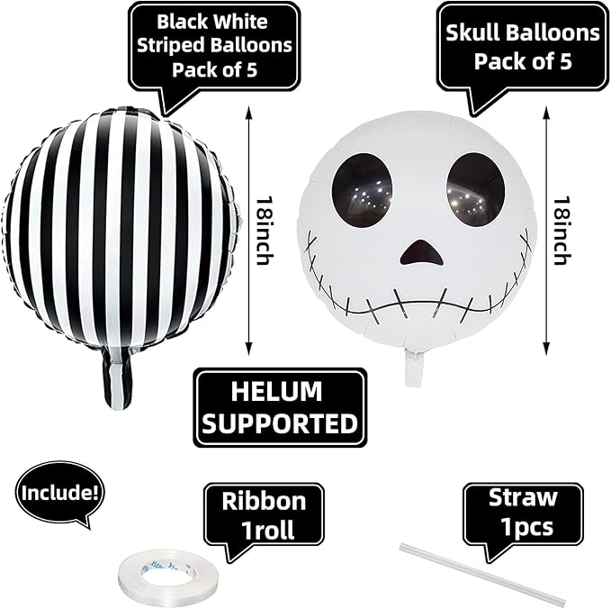 Halloween Balloons Decorations 18 Inch Skull Black and White Striped
