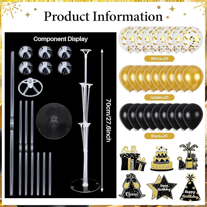 6 Sets Balloon Stand Kit for Table Happy Birthday Black Gold Balloon