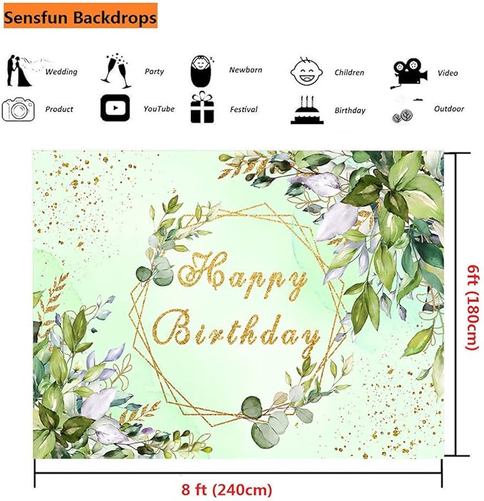Sensfun Sage Green Birthday Backdrop Banner Greenery Birthday