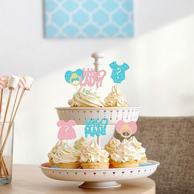 24Pcs Boy or Girl Cupcake Toppers Glitter Gender Reveal Onesie