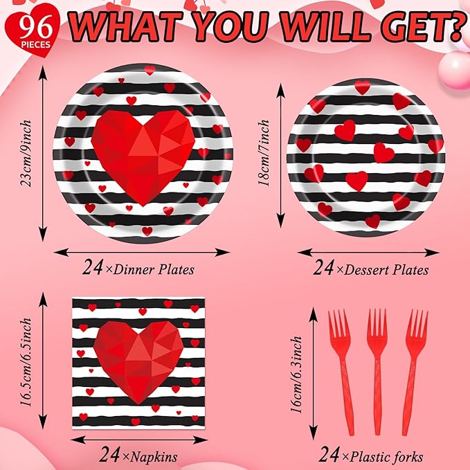 96 Pcs Valentine's Day Party Plates Napkins Tableware Set Valentines
