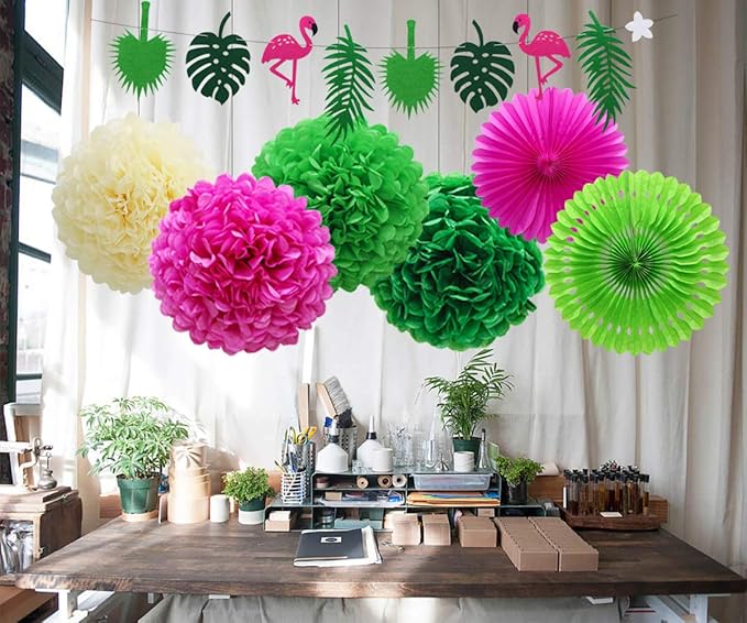 Hawaiian Party Decorations Flamingo Green Palm Leaf Banner with Pom