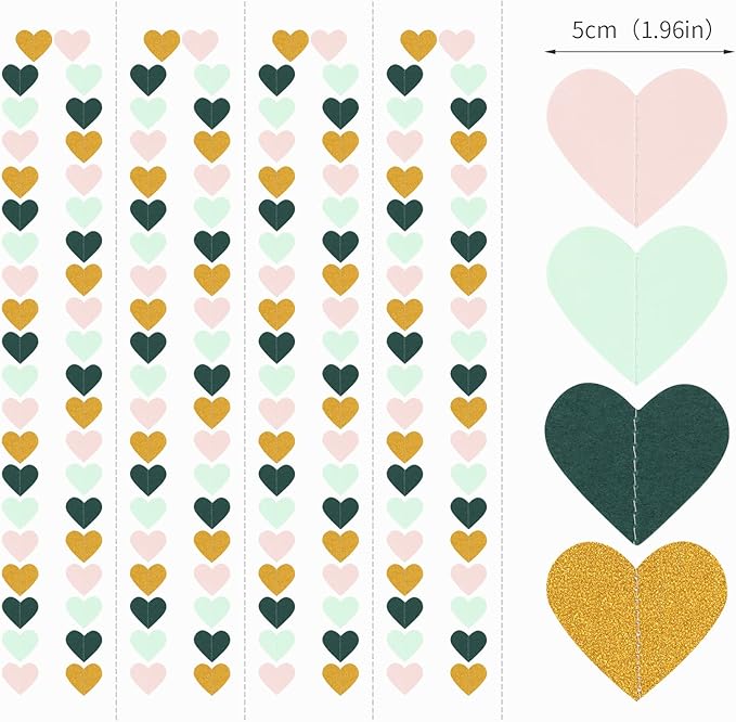Sage-Green Mint Pink-Gold Love-Heart Garland - 52Ft Rustic Wedding
