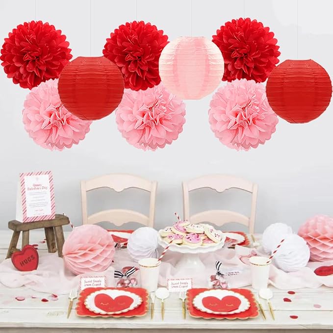 Red Pink Valentines Day Paper Flowers Hearts Honeycomb Lanterns
