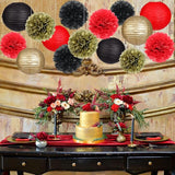 zilue Red and Black Party Decorations, Paper Lanterns and Pom Poms