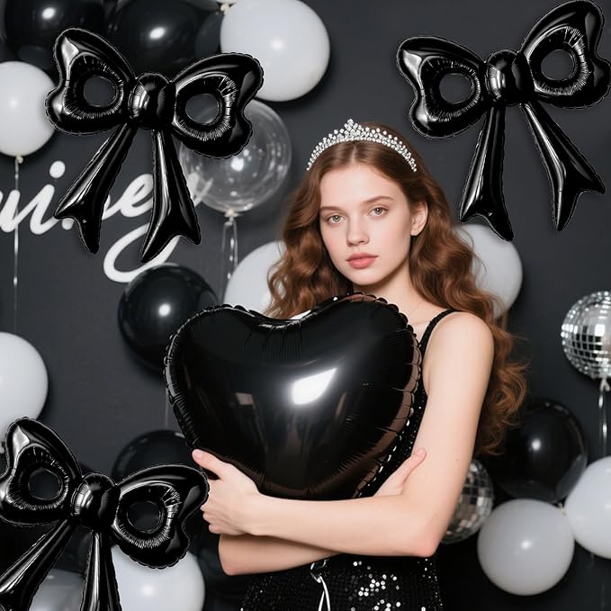 Black Happy Birthday Balloons, 31”Huge Black Bow Aluminum Foil