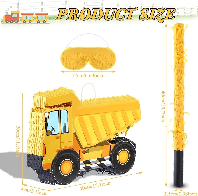 Construction Dump Truck Piñata with Blindfold and Bat Party Decor