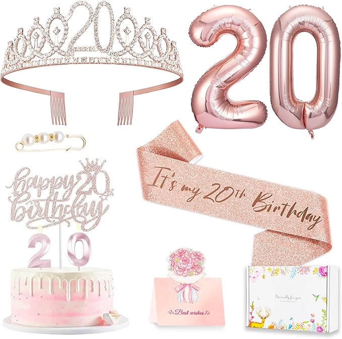 20th Birthday Decorations for Women Birthday Sash and Crown Cake