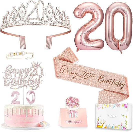 20th Birthday Decorations for Women Birthday Sash and Crown Cake
