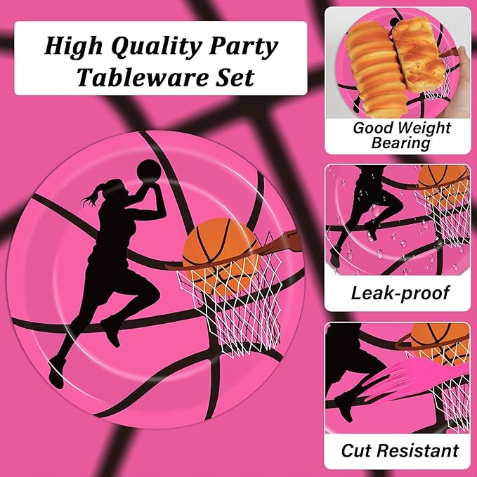 96 Pcs Pink Basketball Party Supplies Paper Plates Napkins
