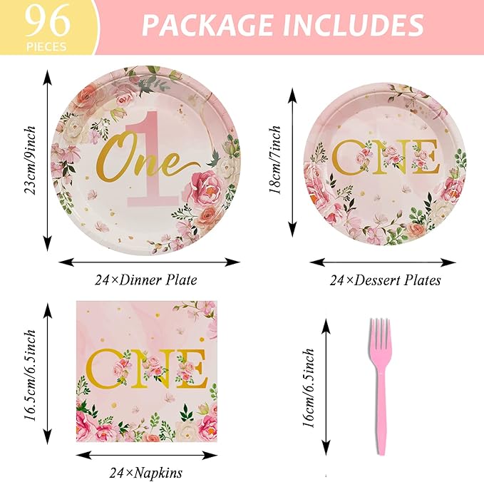 96Pcs 1st Birthday Party Supplies Girls' One Year Tableware with