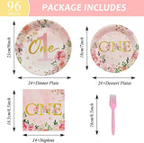96Pcs 1st Birthday Party Supplies Girls' One Year Tableware with