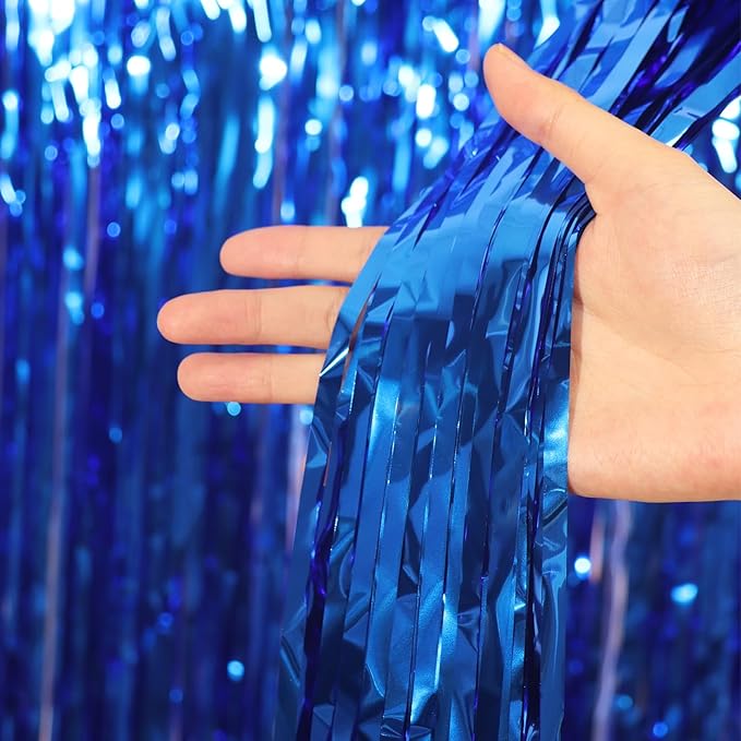 Voircoloria 3 Pack 3.3x8.2 Feet Blue Foil Fringe Backdrop Curtains,