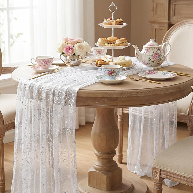 Artoid Mode White Silver Gauze Table Runner 59x120 Inch 10FT, Glitter