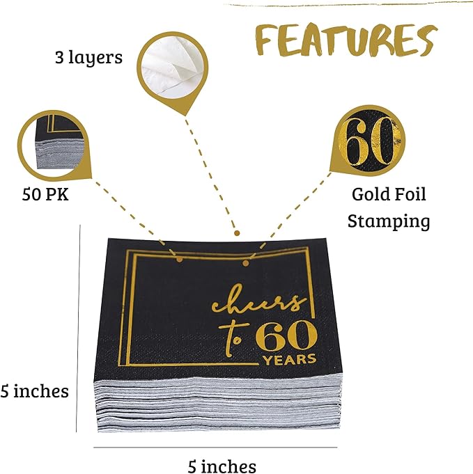 Cheers to Years Cocktail Napkins - 50 PK - 3-Ply Birthday Napkins 5x5