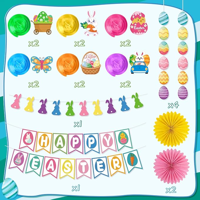 55 Pcs Easter Decorations Happy Easter Banner Hanging Decorations
