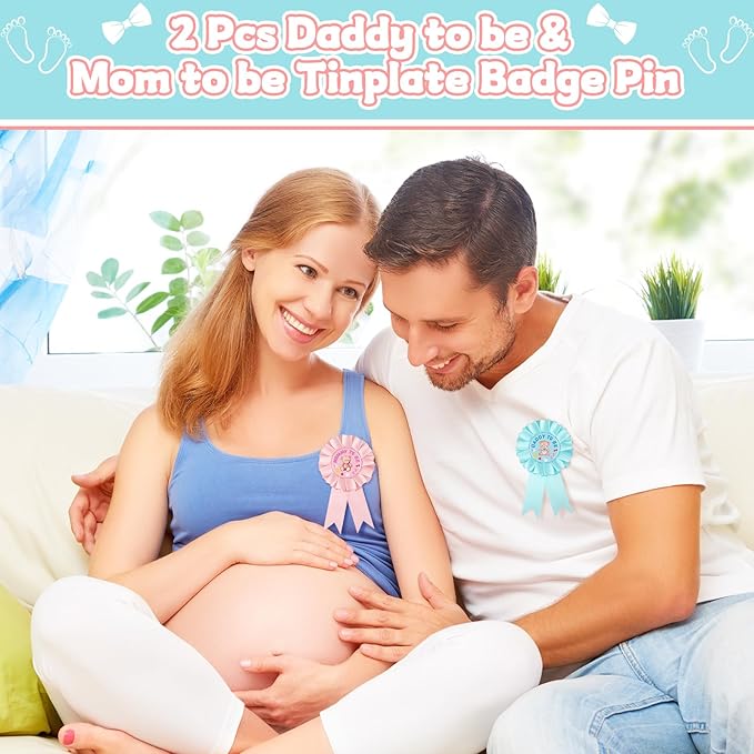 92 Pieces Gender Reveal Party Favors 30 Button Pins 30 Silicone