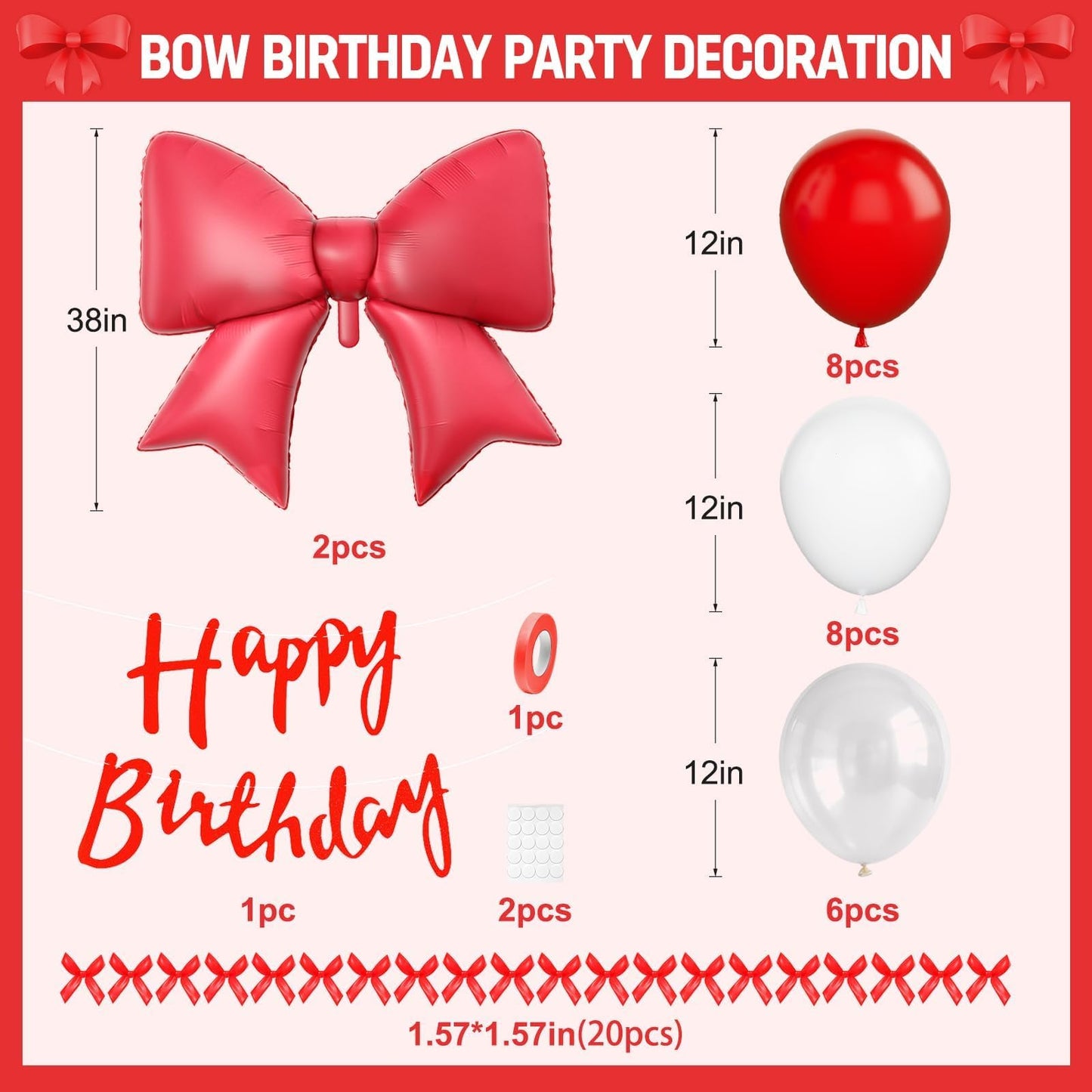 Red Bow Birthday Decorations, Red Happy Birthday Banner with Satin