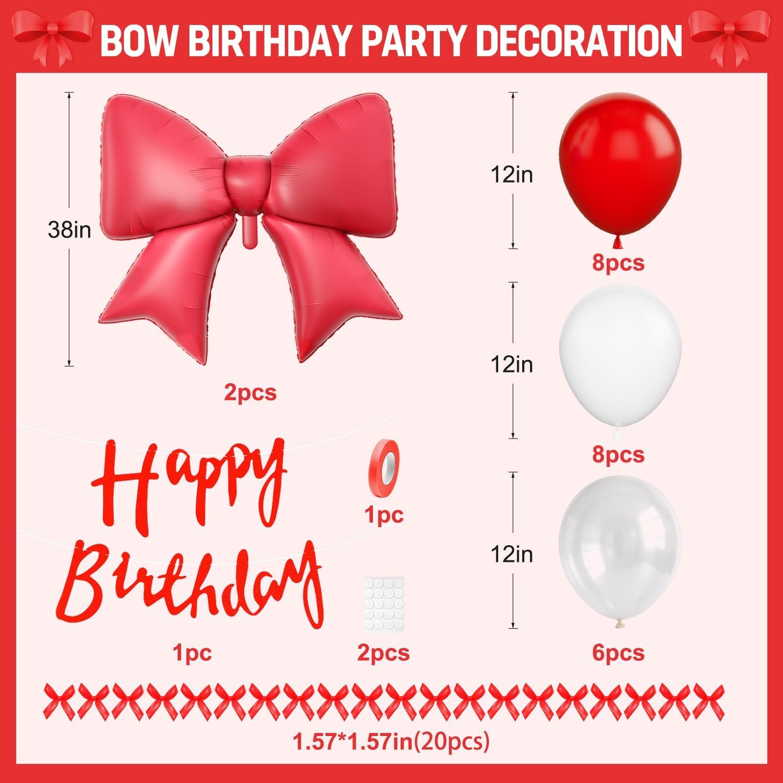 Red Bow Birthday Decorations, Red Happy Birthday Banner with Satin