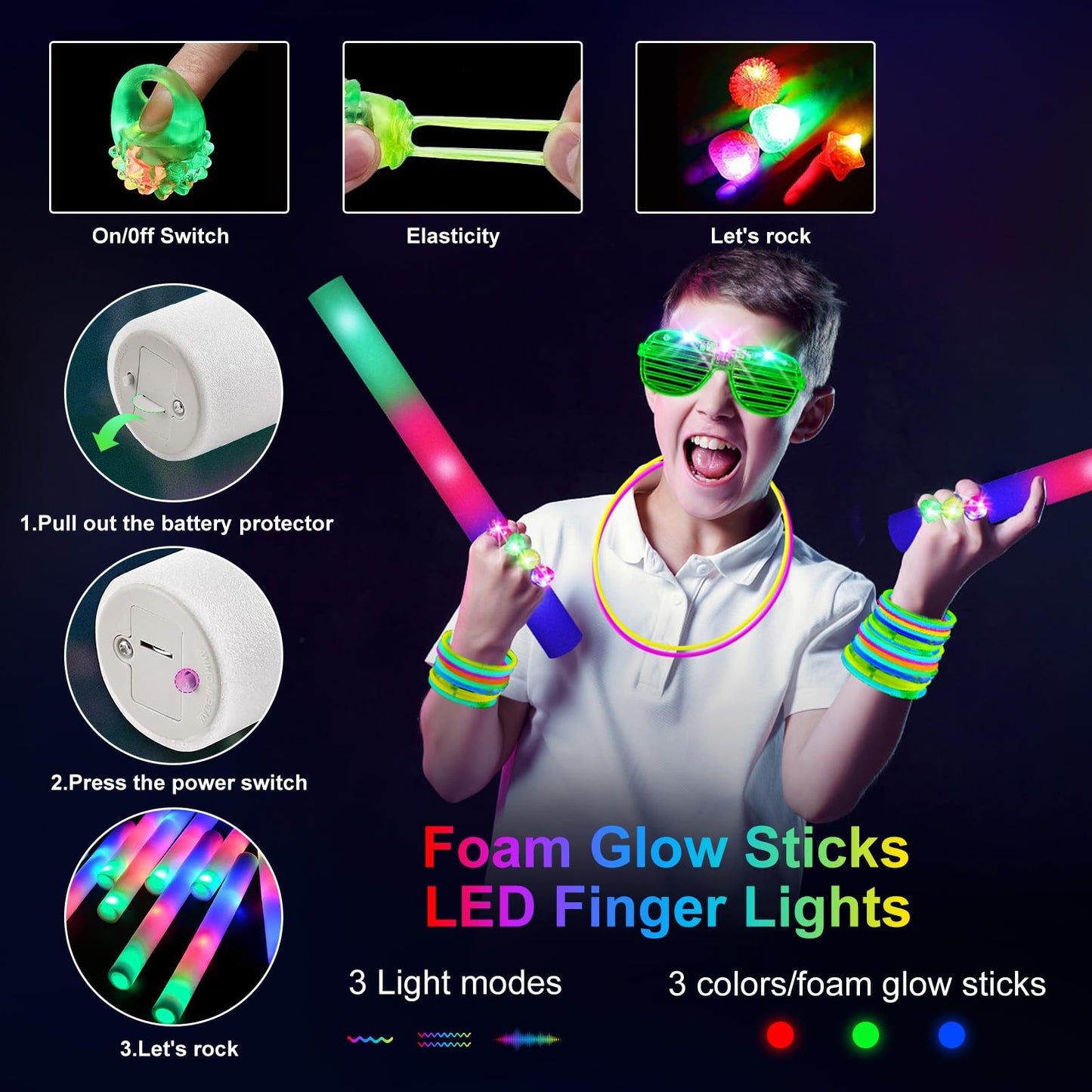 OLUPP 150 PCS Glow in the Dark Party Supplies, 16 Foam Sticks, 16 LED