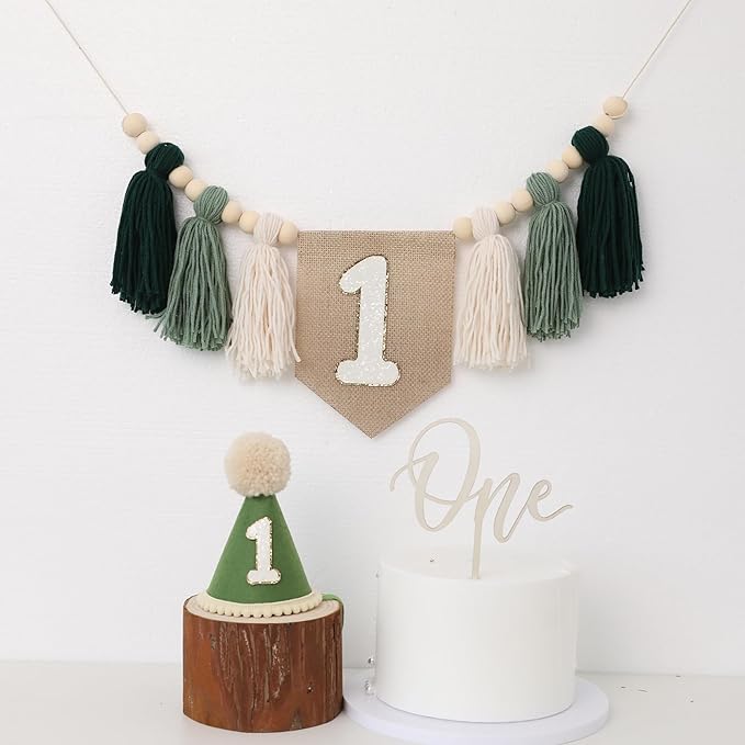 First Birthday Party Decorations Green High Chair Banner No.1 Crown