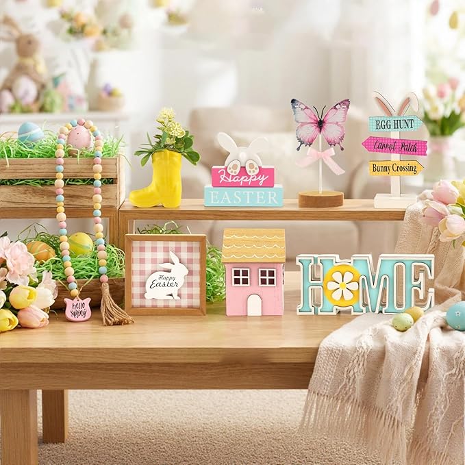 Spring Easter Decorations 8 Pieces Tiered Tray Decor Set Cute
