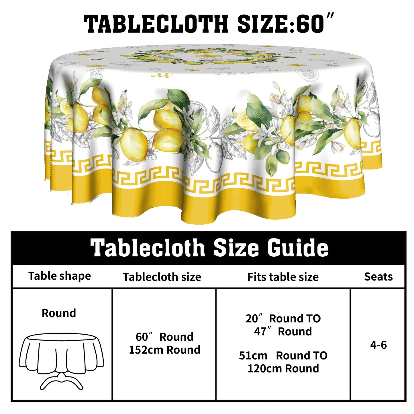 Giwawa Lemon Round Tablecloth 60 inch, Yellow Citrus Fruit Summer