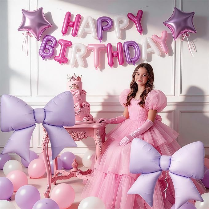 Pink Purple Happy Birthday Balloon, 38Inch Bow Aluminum Foil