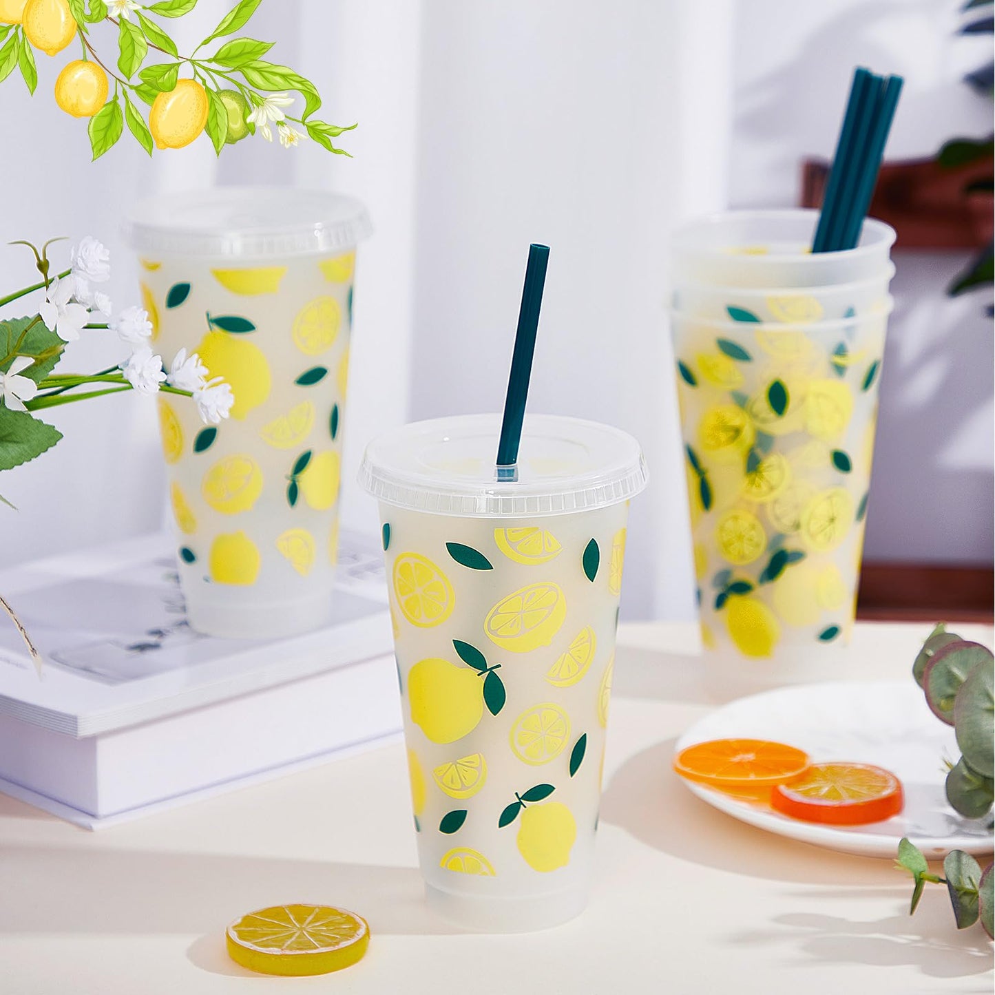 SiliFine 12 Pcs Plastic Lemon Cups, 24oz Reusable Tumbler with Lid and