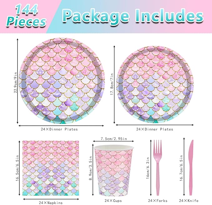 144PCS Mermaid Party Tableware Set Mermaid Birthday Party Supplies