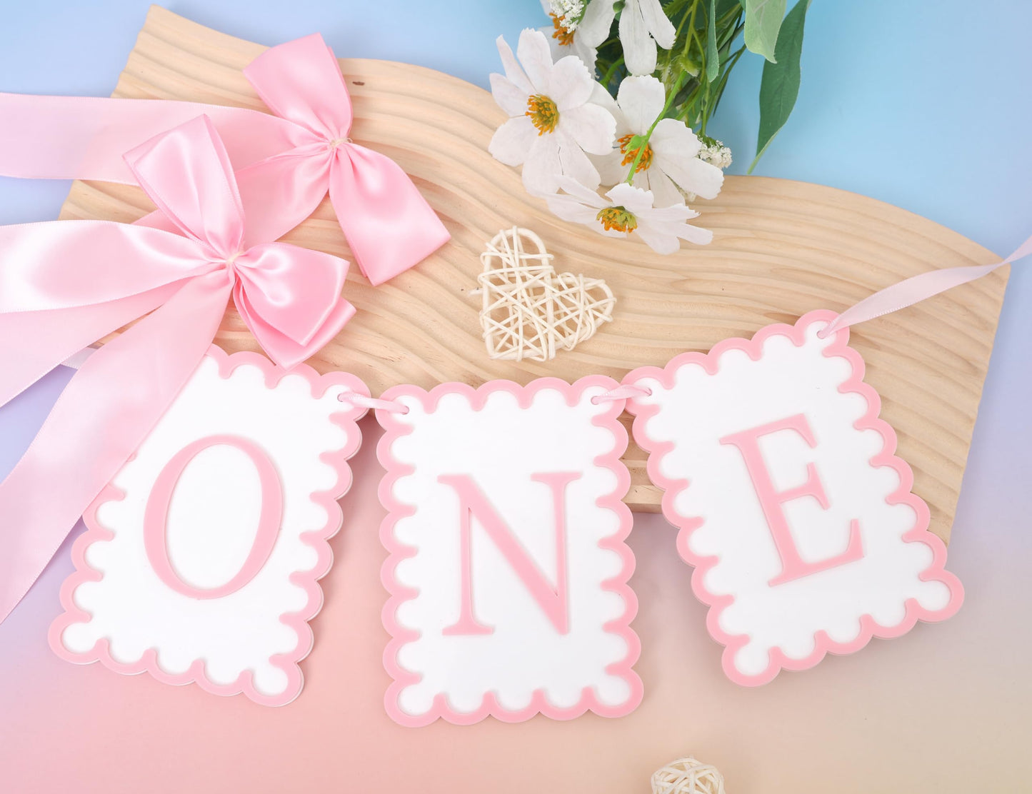 Girls 1st Birthday Decorations - Pink Bow High Chair Banner, Bow First