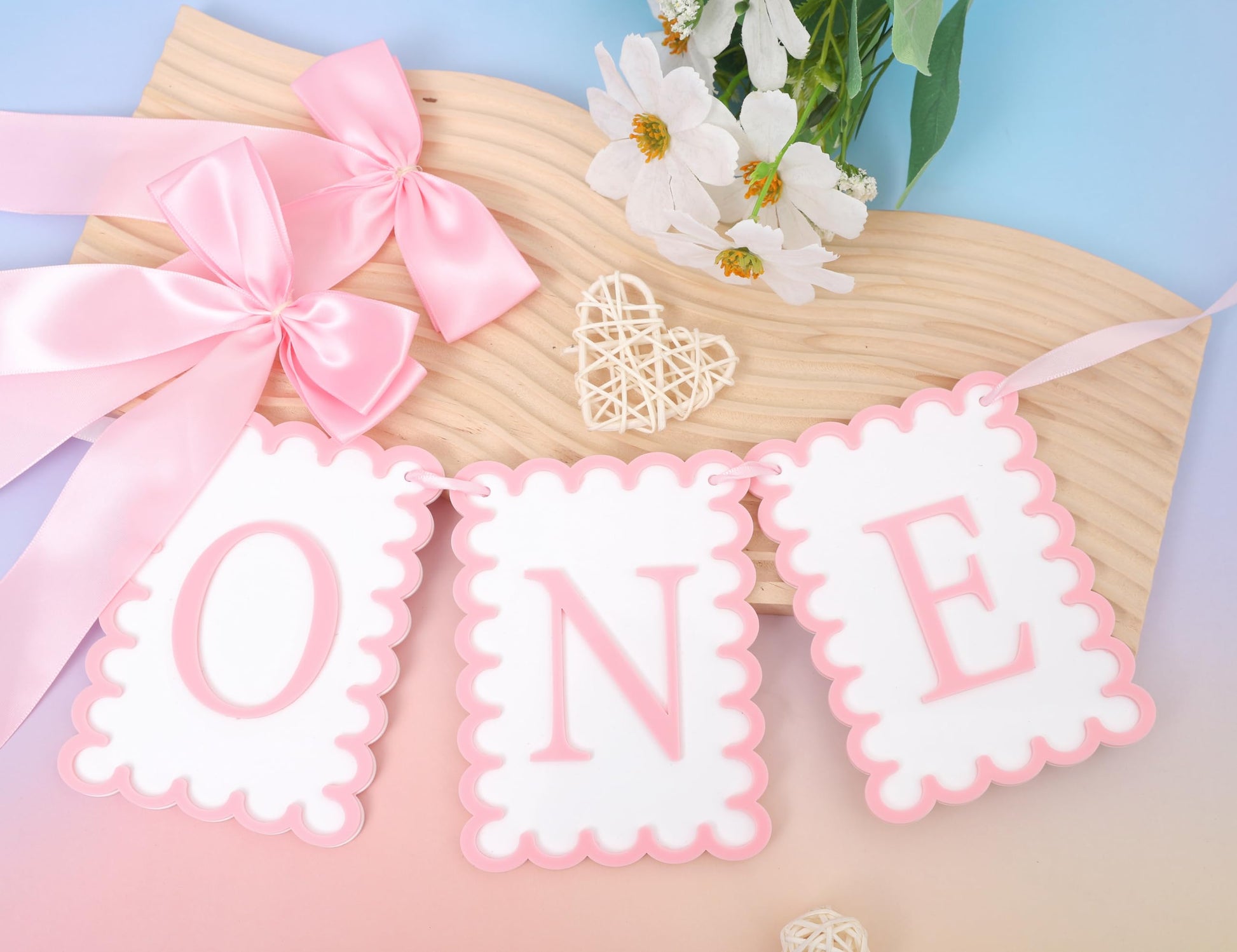 Girls 1st Birthday Decorations - Pink Bow High Chair Banner, Bow First