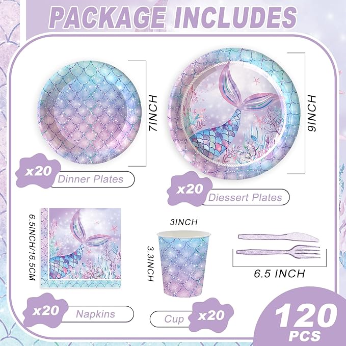 120PCS Mermaid Themed Party Supplies for Girls Baby Shower Under the