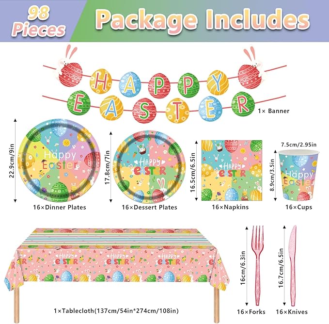98PCS Easter Party Supplies Happy Easter Paper Plates and Napkins