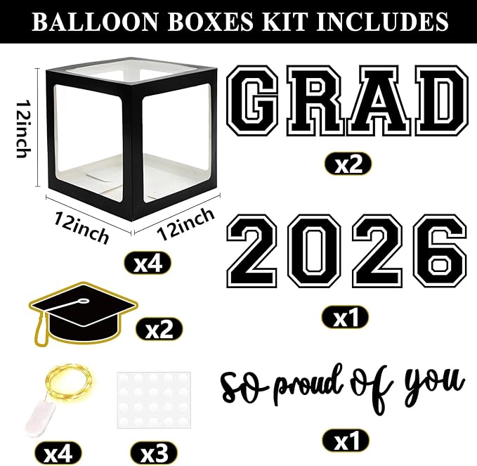2026 Graduation Decorations Black and Gold Set of 4 Grad Boxes with