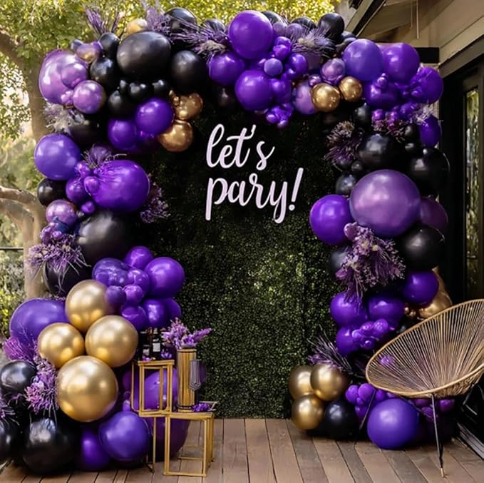 Purple Black Gold Balloon Garland Double Stuffed Dark Purple Black
