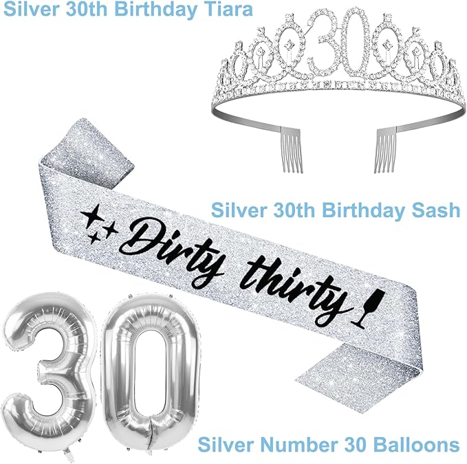 30th Birthday Decorations for Her Silver with 30th Birthday Sash and