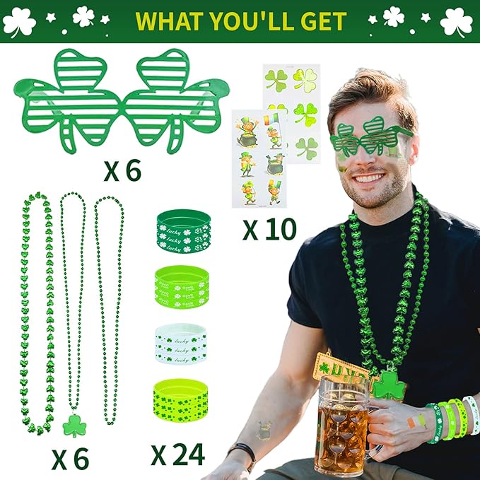 96Pcs St Patricks Day Party Favors Set Shamrock Glasses Necklaces