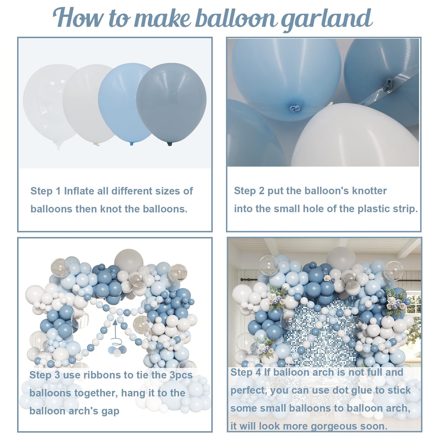 Dusty Blue Balloon Arch Kit, 162pcs Dusty Light Blue White and Clear