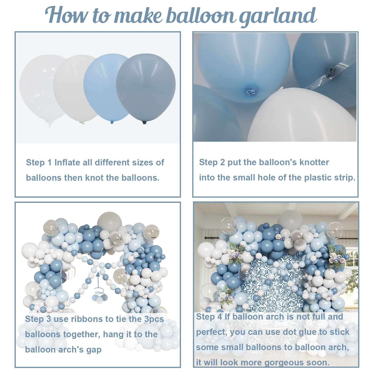 Dusty Blue Balloon Arch Kit, 162pcs Dusty Light Blue White and Clear