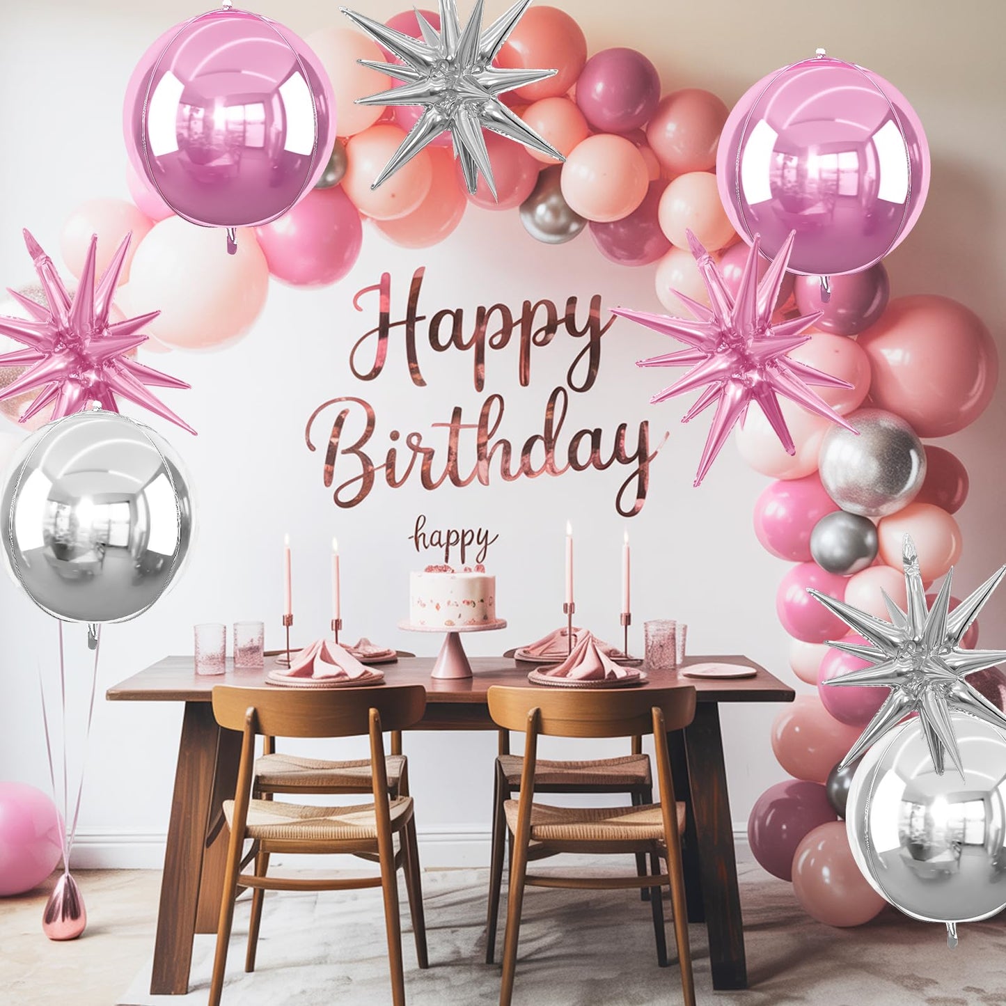 6Pcs Pink Silver Foil Balloons,22Inch Light Pink Silver 4D Round Ball