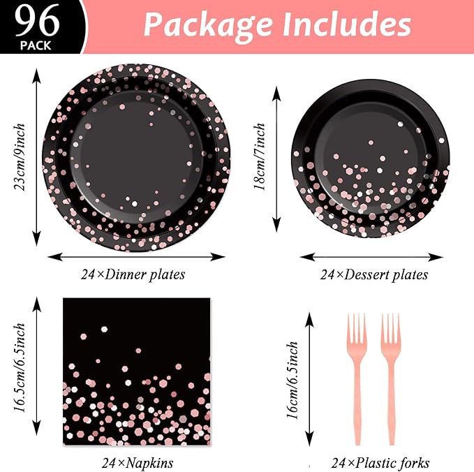 96PCS Black and Rose Gold Party Supplies Rose Gold Paper Plates
