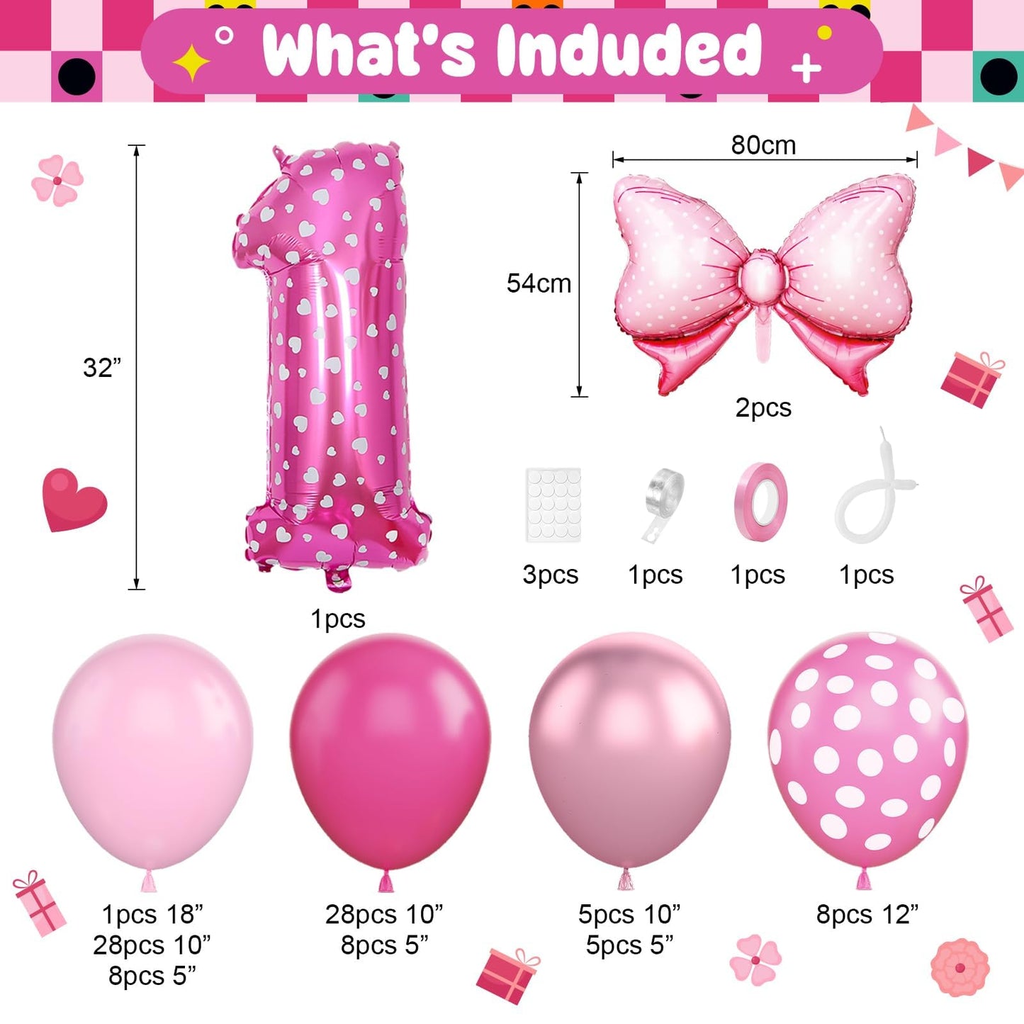 Pink 1st Birthday Balloons Decorations, Hot Pink Rose Polka Dots