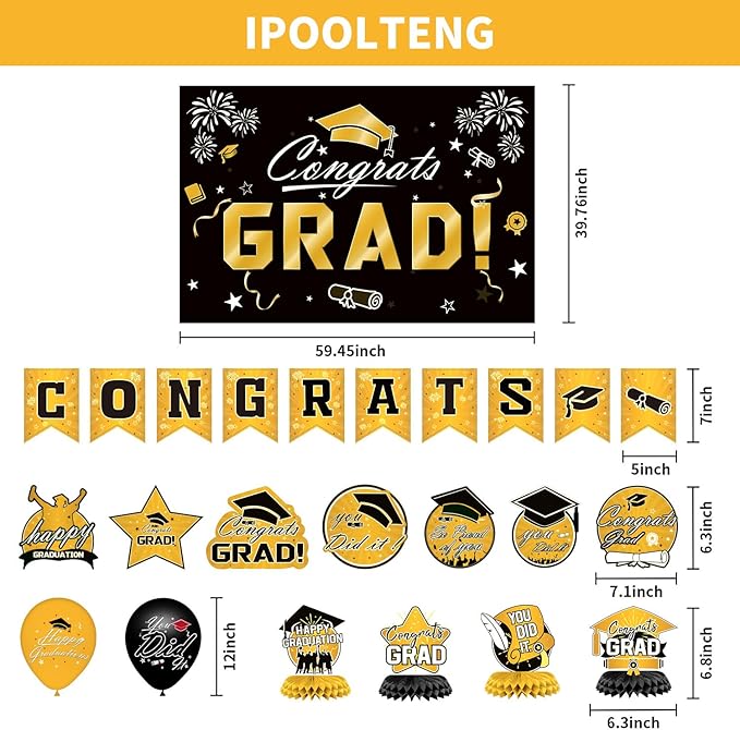 Graduation Decorations 2026 Set - Gold Themed Congrats Grad Banner,