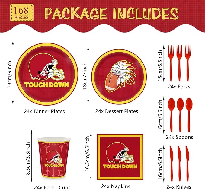 168pcs Red Football Party Supplies Touch Down Plates Napkins