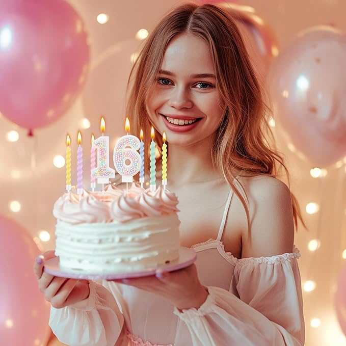 MTLEE Number 16 Birthday Candle with 12 Pcs Spiral Candles for Girls