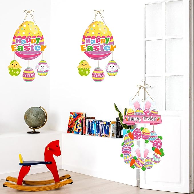 Easter Egg Bunny Home Front Door Hanger Decor 4pcs Pastel Rainbow