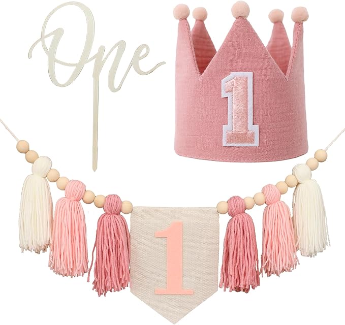 First Birthday Party Decorations Pink High Chair Banner 1st Crown