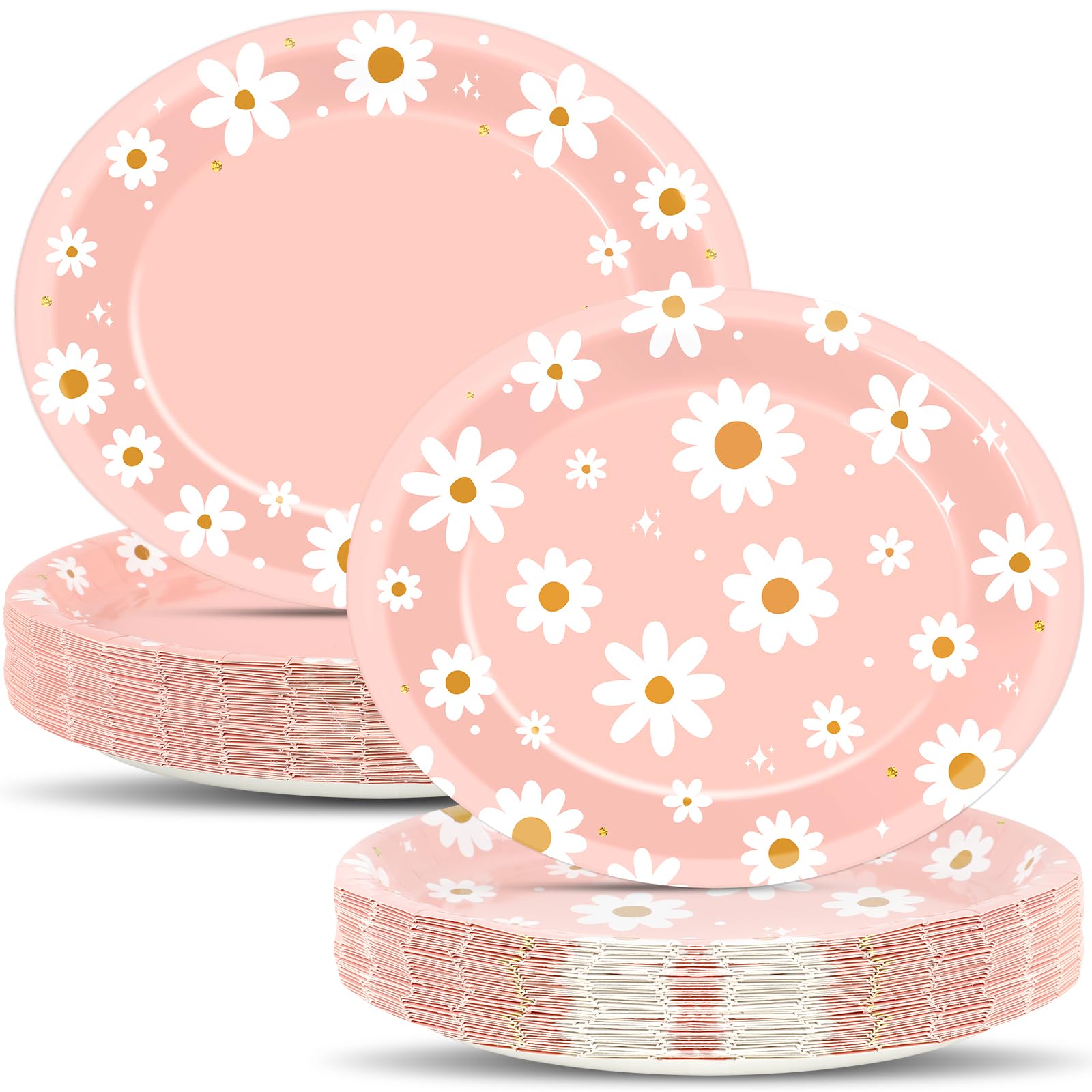 Qyeahkj 50 PCS Pink Daisy Oval Paper Plates Spring Large 11” One Two